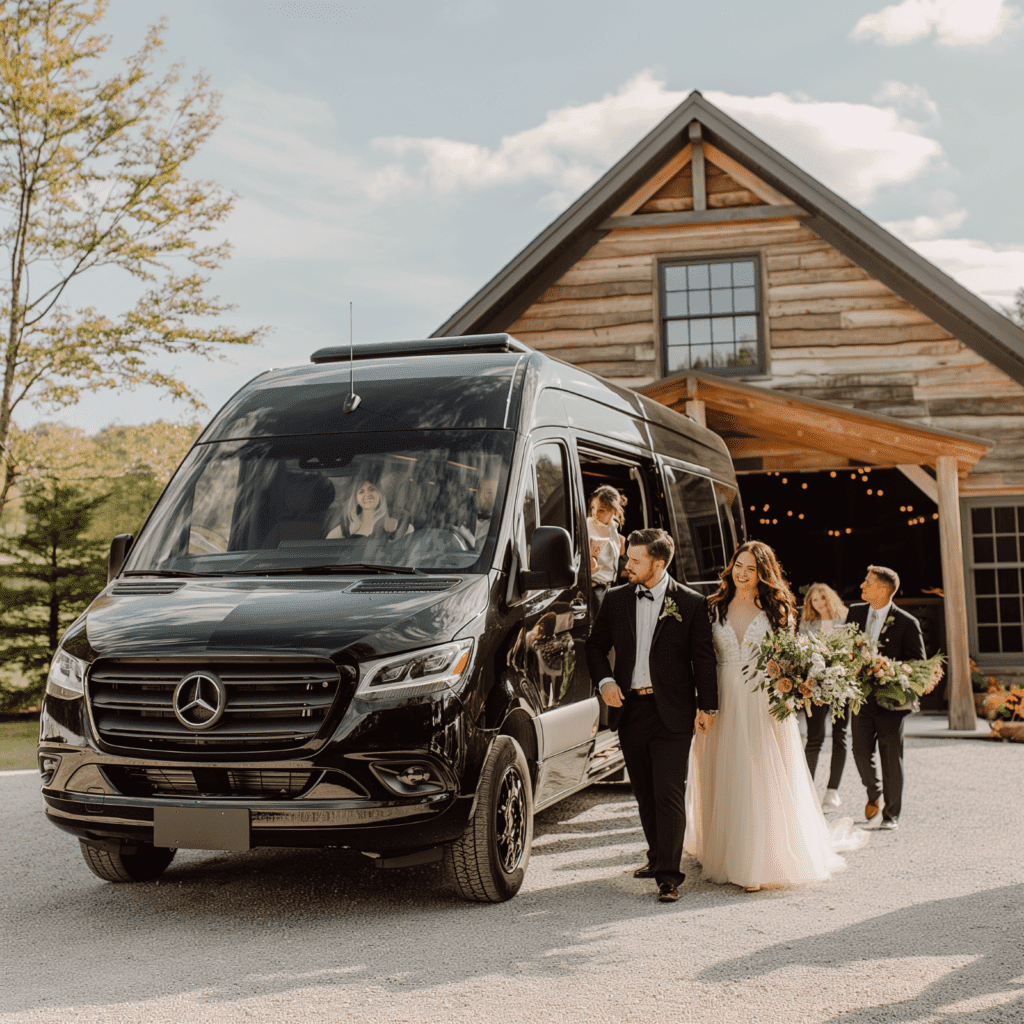 Wedding guests beside a private coach